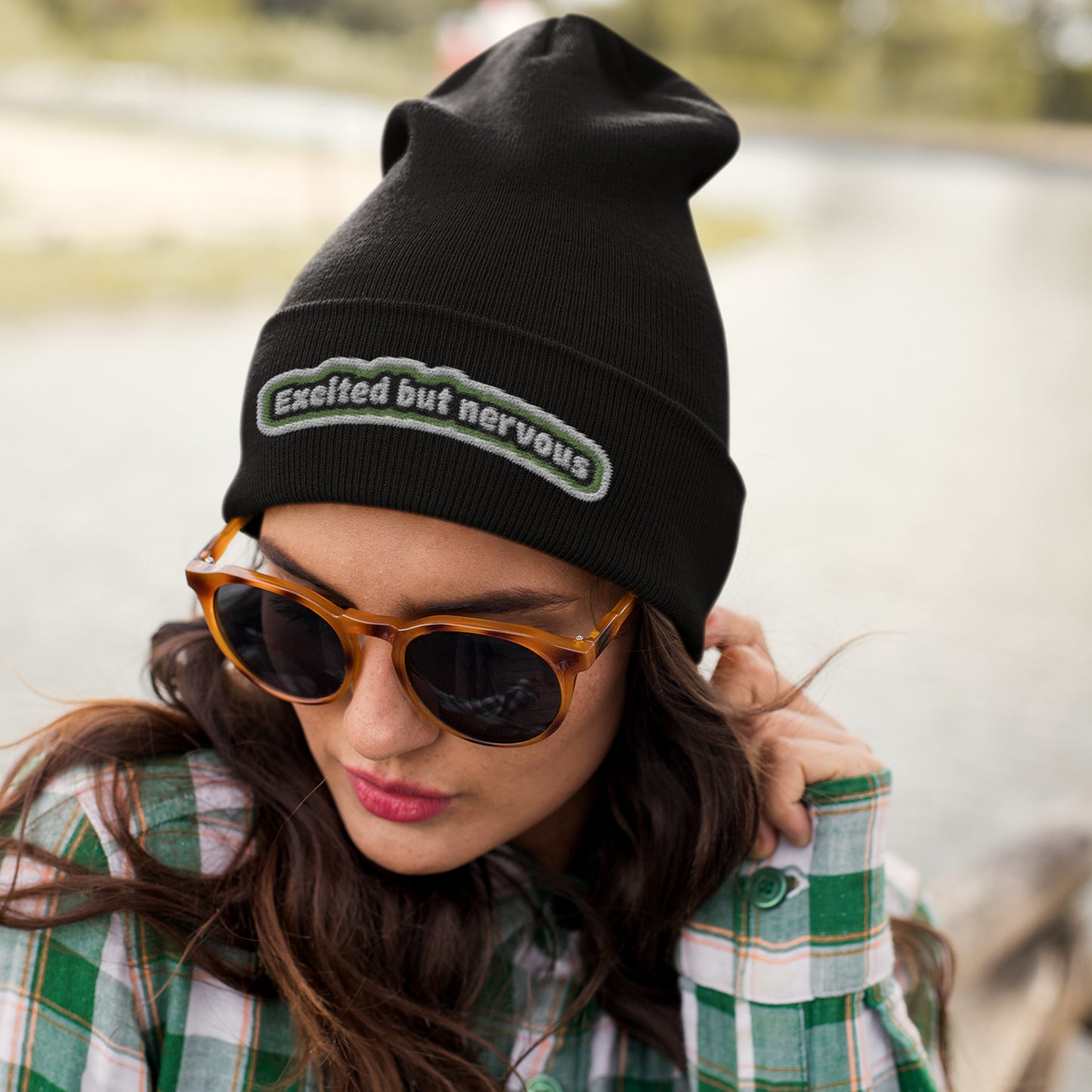 Retro Excited but Nervous Embroidered Cuffed Beanie